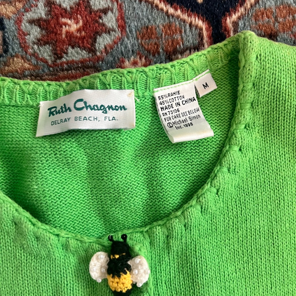 Vintage knit top button down sunflowers beaded green yellow crop blouse M - Picture 5 of 12